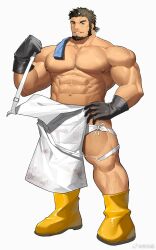 Rule 34 | 1boy, abs, apron, apron pull, arm hair, bara, beard, boots, clothes pull, facial hair, full body, goatee, hairy, highres, large pectorals, leg hair, long sideburns, looking at viewer, male focus, mature male, muscular, muscular male, navel, nipples, original, pectorals, rubber boots, seductive smile, short hair, sideburns, smile, solo, sparse chest hair, strongman waist, tekkowang, thick eyebrows, thick thighs, thighs, topless male, undressing, white apron