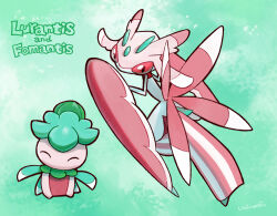 Rule 34 | character name, closed eyes, closed mouth, creatures (company), evolutionary line, fomantis, full body, game freak, gen 7 pokemon, green background, happy, looking at viewer, lurantis, nintendo, no humans, pokemon, pokemon (creature), red eyes, uninori