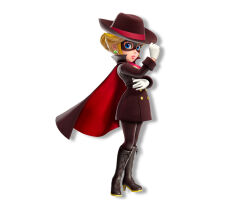 Rule 34 | blonde hair, blue eyes, boots, cape, coat, dashing thief peach, earrings, eye mask, full body, gloves, hat, jewelry, looking at viewer, mario (series), mask, nintendo, official art, pantyhose, princess peach, princess peach: showtime!, skirt, standing, trench coat, white background