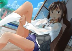 Rule 34 | 10s, 1girl, adapted costume, blush, brown eyes, brown hair, clothes lift, cloud, day, dressing, highres, i-401 (kancolle), kantai collection, looking at viewer, mouth hold, ponytail, school swimsuit, sekira ame, shade, sitting, skirt, skirt lift, sky, solo, swimsuit, swimsuit under clothes, white legwear, windowsill