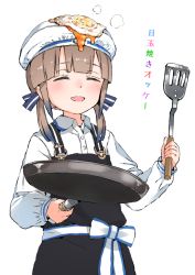 Rule 34 | 1other, :d, apron, baker nemo (fate), beret, black apron, blue hair, blush, bow, brown hair, captain nemo (fate), closed eyes, collared shirt, dress shirt, egg (food), facing viewer, fate/grand order, fate (series), food, fried egg, frying pan, gomennasai, gradient hair, hair ribbon, hat, holding, long hair, long sleeves, low twintails, multicolored hair, nemo (fate), open mouth, ribbon, shirt, simple background, smile, solo, spatula, translation request, twintails, white background, white bow, white hat, white shirt