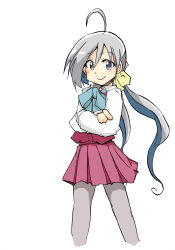 Rule 34 | 1girl, absurdres, ahoge, bow, bowtie, commentary request, cropped legs, crossed arms, dress, dress shirt, grey eyes, grey hair, grey pantyhose, hair between eyes, halterneck, highres, kantai collection, kiyoshimo (kancolle), long hair, long sleeves, low twintails, pantyhose, pleated dress, purple dress, school uniform, shikararemimi, shirt, simple background, solo, twintails, very long hair, white background, white shirt