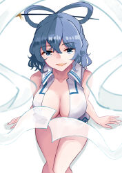 Rule 34 | 1girl, :d, blue eyes, blue hair, breasts, chisel, cleavage, convenient censoring, deetamu, feet out of frame, hair ornament, hair stick, highres, kaku seiga, large breasts, looking at viewer, open mouth, shawl, short hair, simple background, smile, solo, touhou, vest, white background, white vest