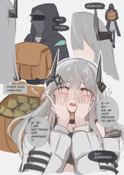 Rule 34 | 1other, @ @, absurdres, arknights, backpack, bag, bare shoulders, black jacket, blush, commentary request, covering face, doctor (arknights), grey hair, hands up, highres, holding, holding bag, hood, hooded jacket, horns, jacket, long hair, looking at viewer, mudrock (arknights), multiple views, nose blush, off shoulder, orirock (arknights), pink eyes, upper body, wawamachi (wawamachis)