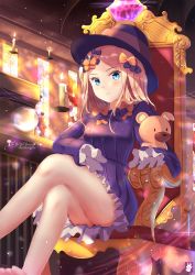 Rule 34 | 1girl, abigail williams (fate), absurdres, arm rest, artist name, bad id, bad pixiv id, bare legs, barefoot, blonde hair, blue eyes, blush, bow, breasts, candle, chinchongcha, closed mouth, commentary request, crossed legs, dress, fate/grand order, fate (series), frilled dress, frills, gem, hair bow, hands in opposite sleeves, hat, head tilt, highres, hugging object, indoors, long hair, long sleeves, looking at viewer, orange bow, parted bangs, polka dot, polka dot bow, purple bow, purple dress, purple hat, signature, sitting, small breasts, solo, stained glass, stuffed animal, stuffed toy, teddy bear, throne