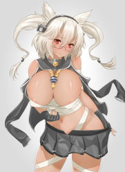 Rule 34 | 10s, 1girl, areola slip, bare shoulders, black gloves, blonde hair, blush, breasts, budget sarashi, cleavage, covered erect nipples, dark-skinned female, dark skin, fingerless gloves, glasses, gloves, grey background, headgear, huge breasts, kantai collection, long hair, looking at viewer, musashi (kancolle), musashi kai (kancolle), nail polish, pointy hair, pulling, red eyes, sarashi, simple background, skirt, smile, solo, standing, thighhighs, twintails, yaman (yamanta lov)