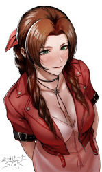 Rule 34 | 1girl, aerith gainsborough, artist name, belt, blush, bow, braid, braided ponytail, breasts, brown hair, cleavage, collarbone, commentary request, cropped jacket, dress, drill hair, eyelashes, final fantasy, final fantasy vii, forehead, from above, green eyes, hair intakes, highres, jacket, jewelry, large breasts, necklace, open clothes, open jacket, parted lips, pink bow, pink dress, red jacket, sgk, shiny skin, short sleeves, side drill, sidelocks, signature, simple background, solo, tri drills, white background