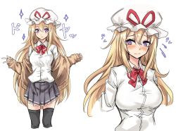 Rule 34 | 1girl, alternate costume, amagi (amagi626), black thighhighs, blonde hair, blush, bow, bowtie, breasts, commentary request, contemporary, cropped legs, flying sweatdrops, grey skirt, hair between eyes, hat, hat ribbon, highres, jacket, large breasts, long hair, long sleeves, looking at viewer, m/, miniskirt, mob cap, multiple views, off shoulder, one-hour drawing challenge, petticoat, pleated skirt, purple eyes, red bow, red ribbon, ribbon, school uniform, shirt, sidelocks, simple background, skirt, sleeves past wrists, smile, standing, sweater jacket, thighhighs, thighs, touhou, translation request, upper body, very long hair, wavy mouth, white background, white hat, white shirt, wing collar, yakumo yukari, yellow jacket, zettai ryouiki