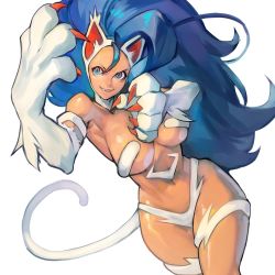 Rule 34 | 1girl, animal ears, animal hands, bare shoulders, blue eyes, blue hair, breasts, capcom, cat ears, cat girl, cat tail, claws, curvy, fang, felicia (vampire), highres, long hair, navel, parted lips, simple background, slit pupils, smile, solo, tail, teeth, uncle rabbit ii, vampire (game), white background