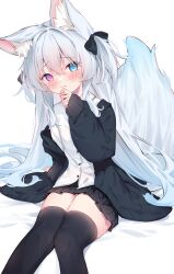 Rule 34 | 1girl, animal ear fluff, animal ears, bed sheet, black bow, black jacket, black skirt, black thighhighs, blue eyes, blue hair, blush, bow, buttons, closed mouth, collared shirt, commission, eip (pepai), fox ears, fox tail, hair bow, hair ornament, hand on own face, heterochromia, highres, jacket, long hair, looking at viewer, open clothes, open jacket, original, pleated skirt, purple eyes, shirt, simple background, sitting, skeb commission, skirt, solo, tail, thighhighs, thighs, two side up, white background, white shirt