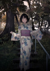 Rule 34 | 1girl, absurdres, bag, black hair, blush, clenched hands, closed eyes, closed mouth, floral print, forest, hands up, highres, holding, holding bag, japanese clothes, kimono, long sleeves, matsuura kento, medium hair, nature, obi, original, outdoors, pink sash, sash, satchel, solo, stairs, standing, stone stairs, white kimono, wide sleeves