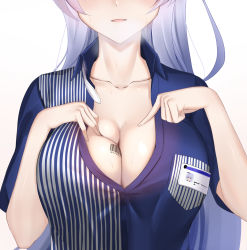 Rule 34 | 1girl, azur lane, barcode, barcode tattoo, blue shirt, blush, breasts, character name, cleavage, collarbone, employee uniform, eternity (pixiv8012826), gradient background, hand on own chest, highres, large breasts, lawson, light purple hair, long hair, name tag, open mouth, paizuri invitation, pointing, pointing at self, rodney (azur lane), rodney (one day as a trainee clerk) (azur lane), shirt, simple background, smile, solo, sweat, tattoo, uniform, upper body, very long hair