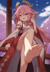 Rule 34 | 1girl, absurdres, animal ears, bare legs, bare shoulders, barefoot, blush, cherry blossoms, cloud, cropped legs, crossed legs, earrings, feet, foot focus, foreshortening, fox ears, fox girl, genshin impact, hair between eyes, highres, japanese clothes, jewelry, long hair, looking at viewer, low-tied long hair, miko, open mouth, outdoors, pink hair, red eyes, sitting, sky, smug, soles, solo, synring97, toes, very long hair, vision (genshin impact), yae miko