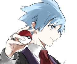 Rule 34 | 1boy, closed mouth, collared shirt, commentary request, creatures (company), game freak, grey eyes, grey hair, haisato (ddclown14), hand up, holding, holding poke ball, jacket, jewelry, long sleeves, male focus, necktie, nintendo, poke ball, poke ball (basic), pokemon, pokemon oras, red necktie, ring, shirt, short hair, simple background, smile, solo, steven stone, upper body, white background, white shirt