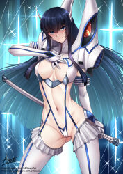 Rule 34 | 1girl, adsouto, black hair, blue eyes, breasts, collarbone, hand on own chest, highres, holding, holding sword, holding weapon, junketsu, kill la kill, kiryuuin satsuki, long hair, medium breasts, navel, revealing clothes, sheath, sheathed, signature, solo, standing, sword, very long hair, weapon