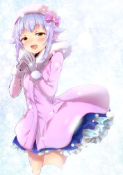 Rule 34 | 1girl, blue background, blue skirt, blurry, blurry foreground, blush, bow, breasts, breath, brown eyes, coat, cowboy shot, dot nose, fur-trimmed coat, fur trim, gloves, gradient background, grey gloves, hair bow, hair flaps, hair ribbon, hands up, hat, idolmaster, idolmaster cinderella girls, idolmaster cinderella girls starlight stage, koshimizu sachiko, layered skirt, long sleeves, looking at viewer, numahito, open mouth, pink coat, pink ribbon, purple hair, ribbon, short hair, skirt, small breasts, smile, snowing, solo, standing, steepled fingers, thighhighs, white hat, white thighhighs, zettai ryouiki