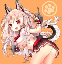 Rule 34 | 1girl, animal ears, arched back, ass, azur lane, black skirt, blush, braid, breasts, commentary request, crop top, dog ears, dog tail, fang, fingerless gloves, from side, gloves, long hair, looking at viewer, looking back, medium breasts, microskirt, nail polish, open mouth, orange background, paw print, paw print background, pleated skirt, red eyes, red gloves, school uniform, serafuku, side braid, silver hair, simple background, skirt, solo, sukemyon, tail, thick eyebrows, thighs, tsurime, turret, two side up, underboob, yuudachi (azur lane)