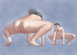 Rule 34 | 2girls, ass, black hair, brown eyes, censored, herickts, highres, multiple girls, nude, pubic hair, pussy, squatting, sumo