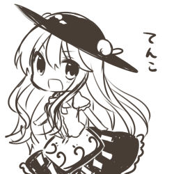 Rule 34 | 1girl, chibi, female focus, hat, hinanawi tenshi, long hair, looking at viewer, monochrome, open mouth, simple background, sketch, smile, solo, touhou, white background, yuya (night lily)