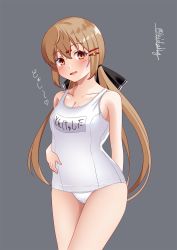 Rule 34 | 1girl, alternate costume, arms behind back, black bow, blush, bow, breasts, brown eyes, brown hair, cleavage, collarbone, covered navel, cowboy shot, grey background, hair between eyes, hair bow, hair ornament, hairclip, hand on own stomach, highres, ishida arata, kantai collection, long hair, low twintails, medium breasts, name tag, one-piece swimsuit, open mouth, school swimsuit, solo, swimsuit, tashkent (kancolle), twintails, twitter username, white one-piece swimsuit