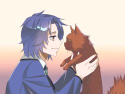 Rule 34 | 1boy, animal, ascot, black ascot, blue hair, blue jacket, brown cat, cat, chesed (project moon), closed mouth, collared shirt, commentary request, gradient background, highres, holding, holding animal, holding cat, jacket, ktsis, lobotomy corporation, long sleeves, male focus, project moon, shirt, short hair, smile, white hair, yellow eyes