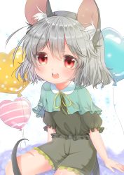 Rule 34 | 1girl, absurdres, adapted costume, animal ears, aqua capelet, ashino chimado, balloon, black shirt, black shorts, buck teeth, capelet, commentary request, frilled shorts, frills, grey hair, hair between eyes, heart balloon, highres, looking at viewer, mouse ears, mouse tail, nazrin, open mouth, puffy short sleeves, puffy sleeves, red eyes, shirt, short hair, short sleeves, shorts, simple background, sitting, solo, tail, teeth, touhou, upper teeth only, white background