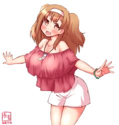 Rule 34 | 1girl, alternate costume, bare shoulders, blouse, bracelet, breasts, brown eyes, casual, collarbone, commentary request, dated, feathers, hairband, highres, i-26 (kancolle), jewelry, kanon (kurogane knights), kantai collection, large breasts, light brown hair, logo, long hair, necklace, outstretched arms, red shirt, shirt, shorts, simple background, solo, two side up, white background, white hairband, white shorts