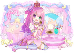 Rule 34 | 1girl, asymmetrical legwear, blush, bracelet, candy hair ornament, chocomarybadend, crescent, crescent necklace, crown, detached sleeves, dress, food, food-themed hair ornament, frilled dress, frilled skirt, frilled thighhighs, frills, full body, gradient hair, green eyes, hair ornament, hair rings, heterochromia, high heels, himemori luna, himemori luna (1st costume), holding, holding food, hololive, jewelry, long hair, looking at viewer, mini crown, miniskirt, mismatched legwear, multicolored hair, necklace, one side up, open mouth, pendant, pink dress, pink hair, pink skirt, pleated skirt, princess, puffy short sleeves, puffy sleeves, purple eyes, shoes, short dress, short sleeves, sitting, skirt, sleeveless, sleeveless dress, smile, solo, spaghetti strap, star (symbol), star necklace, striped clothes, striped thighhighs, takoyaki, teeth, thighhighs, upper teeth only, vertical-striped clothes, vertical-striped thighhighs, virtual youtuber, wariza, wavy hair, white sleeves