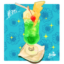 Rule 34 | absurdres, artist logo, cherry, coaster, cup, drinking glass, food, food focus, food name, fruit, highres, ice, ice cream, ice cream float, ice cube, melon soda, no humans, original, pineapple, takisou sou