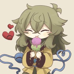 Rule 34 | blush, buttons, closed eyes, diamond (shape), diamond button, eating, food, green hair, green skirt, happy, heart, highres, holding, holding food, holding ice cream, ice cream, ice cream cone, komeiji koishi, long hair, long sleeves, ribbon-trimmed clothes, ribbon-trimmed sleeves, ribbon trim, shirt, simple background, skirt, sleeves past wrists, smile, third eye, tongue, tongue out, touhou, yellow shirt, zunusama