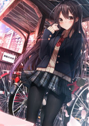 Rule 34 | 1girl, absurdres, ai ai gasa, arm up, bicycle, black pantyhose, blazer, brown eyes, brown hair, building, buttons, cherry blossoms, cloud, collared shirt, crying, crying with eyes open, day, graduation, hair ornament, hairclip, highres, hiragi ringo, holding, jacket, lens flare, long hair, original, outdoors, pantyhose, pleated skirt, ribbon, school, school uniform, shed, shirt, sign, skirt, sky, smile, solo, standing, sweater, tears, window