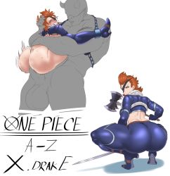 Rule 34 | 1boy, 1girl, absurdres, ass, breasts, brown hair, clothes, eyepatch, genderswap, genderswap (mtf), hand on another&#039;s head, highres, huge ass, huge penis, huge testicles, looking at viewer, medium breasts, medium hair, muscular, muscular male, one piece, penis, sex, size difference, standing, standing sex, sunnysundown, testicles, torn clothes, x drake