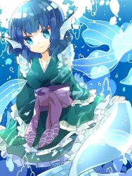 Rule 34 | 1girl, backlighting, blue eyes, breasts, bubble, colored eyelashes, curly hair, expressionless, fins, frilled kimono, frilled sleeves, frills, green kimono, head fins, highres, japanese clothes, kimono, long sleeves, looking at viewer, looking to the side, mermaid, monster girl, nikorashi-ka, obi, one-hour drawing challenge, sash, short hair, solo, touhou, underwater, wakasagihime, wide sleeves
