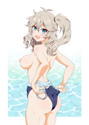 Rule 34 | absurdres, adjusting clothes, adjusting swimsuit, aqua eyes, ass, back, blush, breasts, competition swimsuit, fang, from behind, hair between eyes, highres, kasukabe tsumugi, light brown hair, long hair, looking at viewer, looking back, medium breasts, messy hair, nipples, one-piece swimsuit, open mouth, side ponytail, skin fang, swimsuit, thighs, usazirou539, voicevox, wet