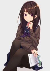 Rule 34 | 1girl, ascot, black pantyhose, blush, book, brown eyes, brown hair, cookie, expressionless, female focus, food, grey background, holding, holding book, long hair, looking at viewer, neckerchief, original, pantyhose, school uniform, simple background, skirt, solo, sushikuugo (suisen), sweater, uniform