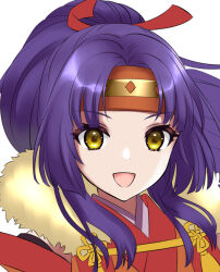 Rule 34 | 1girl, :d, commentary request, curtained hair, dot nose, fire emblem, fire emblem: radiant dawn, fire emblem heroes, fur trim, headband, japanese clothes, kakiko210, looking at viewer, medium hair, ninja, nintendo, official alternate costume, official alternate hairstyle, open mouth, purple hair, red headband, sanaki kirsch altina, sanaki kirsch altina (ninja), simple background, smile, solo, white background, yellow eyes