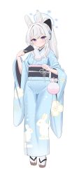 Rule 34 | 1girl, absurdres, alternate costume, animal ears, blue archive, blue kimono, closed mouth, expressionless, fake animal ears, full body, geta, hairband, halo, high ponytail, highres, hiyayo25, holding, japanese clothes, kimono, long hair, long sleeves, looking at viewer, miyako (blue archive), ponytail, purple eyes, rabbit ears, sandals, sidelocks, simple background, socks, tabi, white background, white hair, white hairband, white socks, wide sleeves, zouri