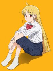 Rule 34 | 1girl, ahoge, alternate hairstyle, arms on knees, blonde hair, blue skirt, bocchi the rock!, bow, bowtie, brown eyes, closed mouth, collared shirt, feet, full body, highres, ijichi nijika, kerorira, knees up, long hair, long sleeves, looking at viewer, no shoes, pleated skirt, red bow, red bowtie, school uniform, shadow, shirt, sitting, skirt, sleeves rolled up, socks, solo, white shirt, white socks, yellow background