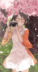 Rule 34 | 1girl, :d, ^ ^, black hair, blurry, blurry foreground, camera, cherry blossoms, closed eyes, depth of field, falling petals, glasses, grass, grin, hanetsuka, holding, holding camera, idolmaster, idolmaster shiny colors, mitsumine yuika, open mouth, outdoors, petals, single-lens reflex camera, smile, solo, twintails, wide sleeves