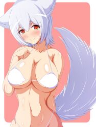 Rule 34 | 1girl, animal ears, aokura shou, bikini, blush, breasts, cleavage, closed mouth, commentary request, commission, highres, large breasts, looking at viewer, navel, original, red background, red eyes, simple background, skeb commission, smile, solo, swimsuit, tail, upper body, white bikini, white hair, wolf ears, wolf girl, wolf tail