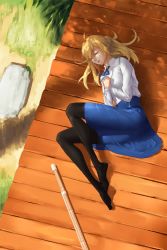 Rule 34 | 1girl, ahoge, artoria pendragon (all), artoria pendragon (fate), black pantyhose, blonde hair, fate/grand order, fate/stay night, fate (series), fork (357022), hands on own chest, highres, legs, long hair, no shoes, pantyhose, saber (fate), shinai, skirt, sleeping, solo, sword, weapon, wooden deck