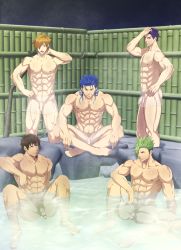 Rule 34 | 5boys, abs, achilles (fate), bara, barefoot, character request, cu chulainn (fate), fate (series), feet, flaccid, full body, hector (fate), highres, izukonohito, cu chulainn (fate/stay night), male focus, multiple boys, muscular, nipples, nude, outdoors, pectorals, penis, pubic hair, sitting, smile, steam, testicles, toes, towel, water, wet