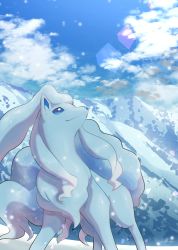 Rule 34 | absurdres, alolan form, alolan ninetales, blue eyes, closed mouth, cloud, commentary request, creatures (company), day, game freak, gen 7 pokemon, highres, looking up, mountain, nintendo, no humans, nullma, outdoors, pokemon, pokemon (creature), sky, smile, snowing, solo