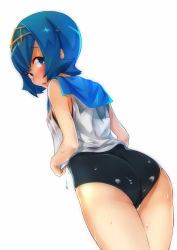 Rule 34 | 1girl, ass, blue eyes, blue hair, blue sailor collar, blush, creatures (company), from behind, game freak, hairband, lana (pokemon), looking at viewer, looking back, matching hair/eyes, nintendo, one-piece swimsuit, pokemon, pokemon sm, sailor collar, shirt, short hair, sleeveless, sleeveless shirt, solo, souzando, swimsuit, swimsuit under clothes, wet, wet clothes, wet shirt, wet swimsuit, white background