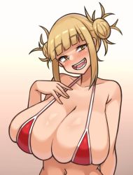 Rule 34 | 1girl, :d, alternate breast size, bare shoulders, bikini, blonde hair, blunt bangs, blush, boku no hero academia, breasts, collarbone, commentary request, double bun, fangs, gradient background, grey background, hair bun, highres, large breasts, looking at viewer, messy hair, navel, open mouth, red bikini, sidelocks, simple background, smile, solo, stomach, swimsuit, teeth, toga himiko, upper body, yashiro misone (artist), yellow eyes