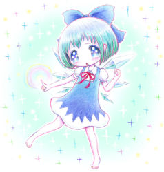Rule 34 | 1girl, barefoot, blue eyes, blush, cirno, colored pencil (medium), dress, green hair, ice, ice wings, leica, open mouth, short hair, solo, touhou, traditional media, wings