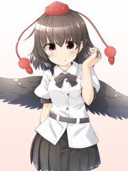 Rule 34 | 1girl, belt, black belt, black bow, black bowtie, black skirt, black wings, bow, bowtie, breasts, brown hair, buttons, closed mouth, collared shirt, commentary request, cowboy shot, dress shirt, feathered wings, gradient background, hair between eyes, hand in own hair, hat, highres, looking at viewer, marukyuu ameya, medium breasts, medium hair, pleated skirt, pointy ears, pom pom (clothes), puffy short sleeves, puffy sleeves, red tassel, shameimaru aya, shirt, shirt belt, short sleeves, simple background, skirt, smile, solo, tassel, tokin hat, touhou, white shirt, wings