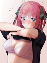 Rule 34 | 1girl, :o, black ribbon, black shirt, blue eyes, blunt bangs, blush, bra, breasts, butterfly hair ornament, clothes lift, commentary request, go-toubun no hanayome, hair between eyes, hair ornament, hair over eyes, hair ribbon, hands up, highres, looking at viewer, medium breasts, mowatoro (10628 ), nail polish, nakano nino, notice lines, open mouth, pink hair, pink nails, ribbon, shirt, shirt lift, short hair, simple background, solo, underwear, undressing, upper body