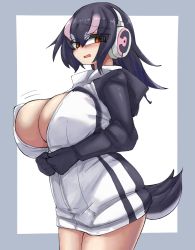 Rule 34 | 1girl, absurdres, animal costume, animal hood, black gloves, black hair, blush, breasts, gloves, headphones, highres, hood, hoodie, humboldt penguin (kemono friends), kemono friends, large breasts, looking at viewer, multicolored hair, open mouth, penguin costume, penguin hood, penguin tail, purple hair, red eyes, simple background, solo, tail, urisaba