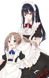 Rule 34 | 2girls, :d, age difference, apron, azuuru (azure0608), black dress, black hair, blue eyes, blunt bangs, blush, brown hair, child, closed mouth, dress, frilled apron, frills, light smile, long hair, looking at another, looking up, maid, maid day, maid headdress, mouth hold, multiple girls, onee-loli, open mouth, petticoat, pink ribbon, ponytail, puffy short sleeves, puffy sleeves, ribbon, short sleeves, simple background, smile, twintails, tying hair, white background, yuri